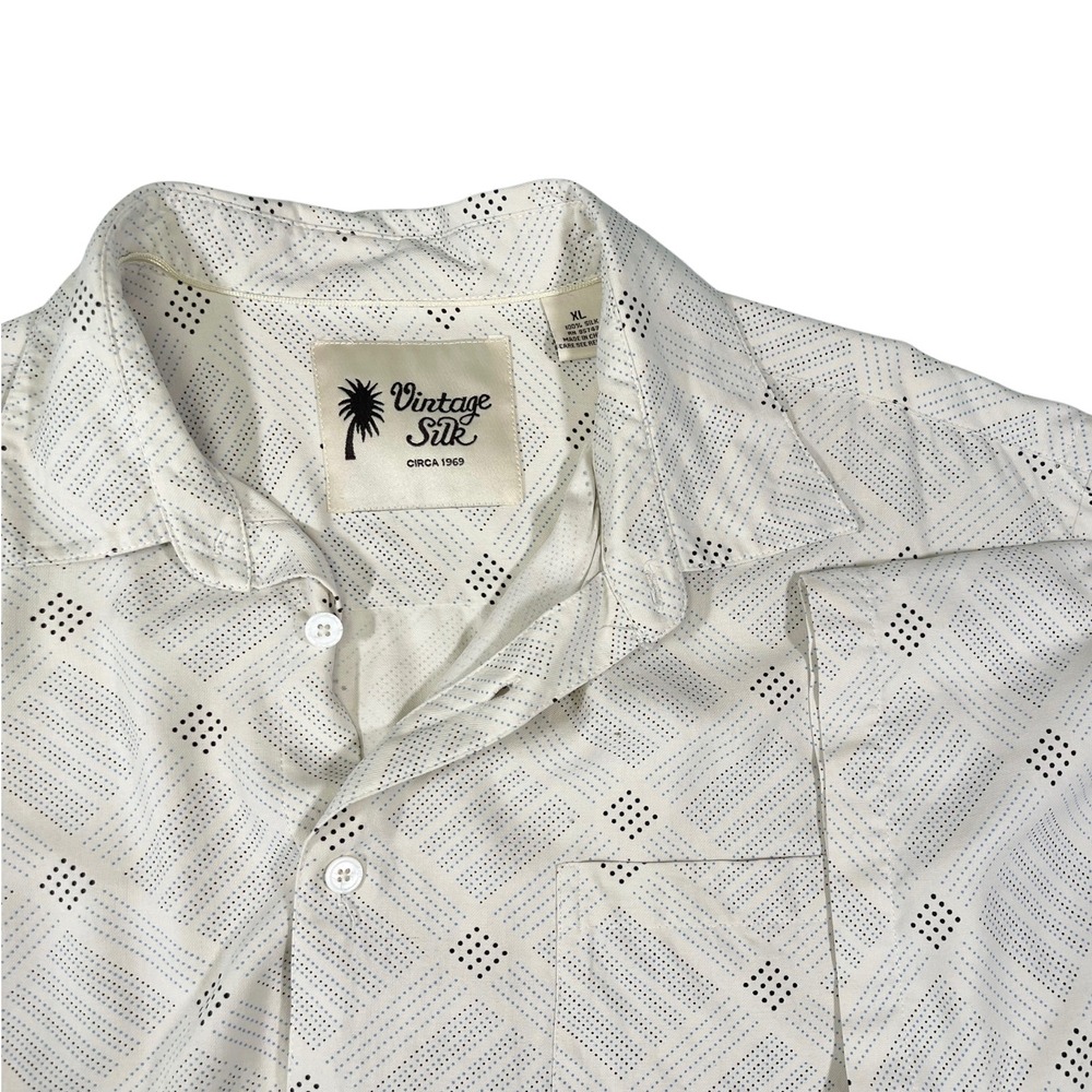 Vintage Silk‎ XL White Button Down Shirt Geometric Dot Silk Camp Resort Retro
